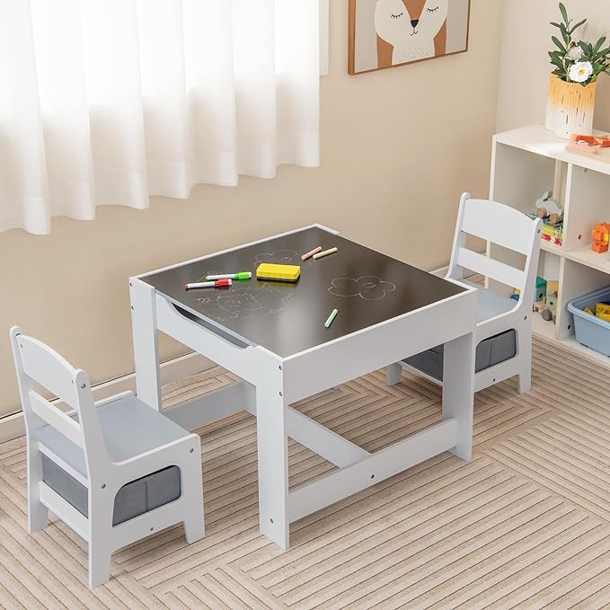 Kids Table and Chair Set, 3 in 1 Wood Children Desk Set