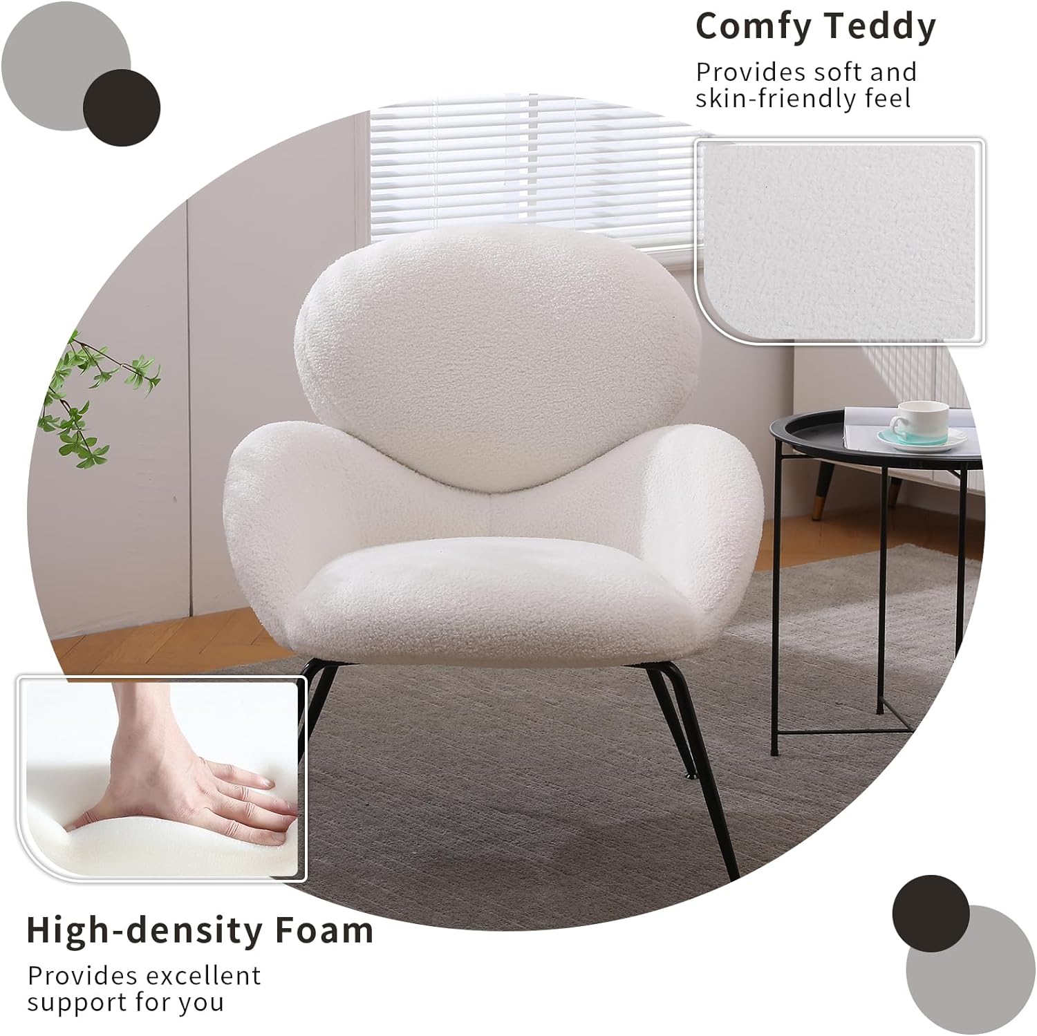 Modern Accent Chair, Teddy Upholstered Dining Chair with Black Metal Legs, Comfy Cute Vanity Chair, Leisure Single Armchair for Living Room, Dining Room, Bedroom (Ivory Teddy)