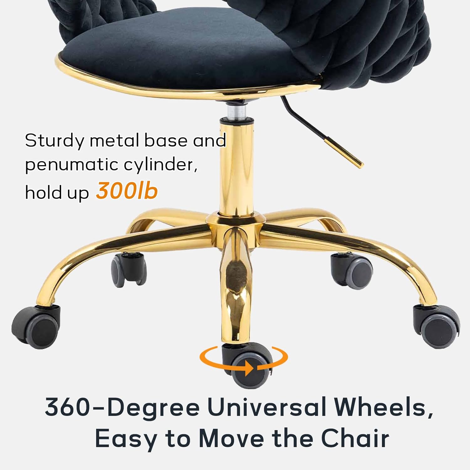 Swivel Velvet Home Office Chair, Upholstered Desk Chair, Modern Accent Armchair, Tufted Computer Task Stools with Gold Base for Girls, Women, Study, Living Room (Black)