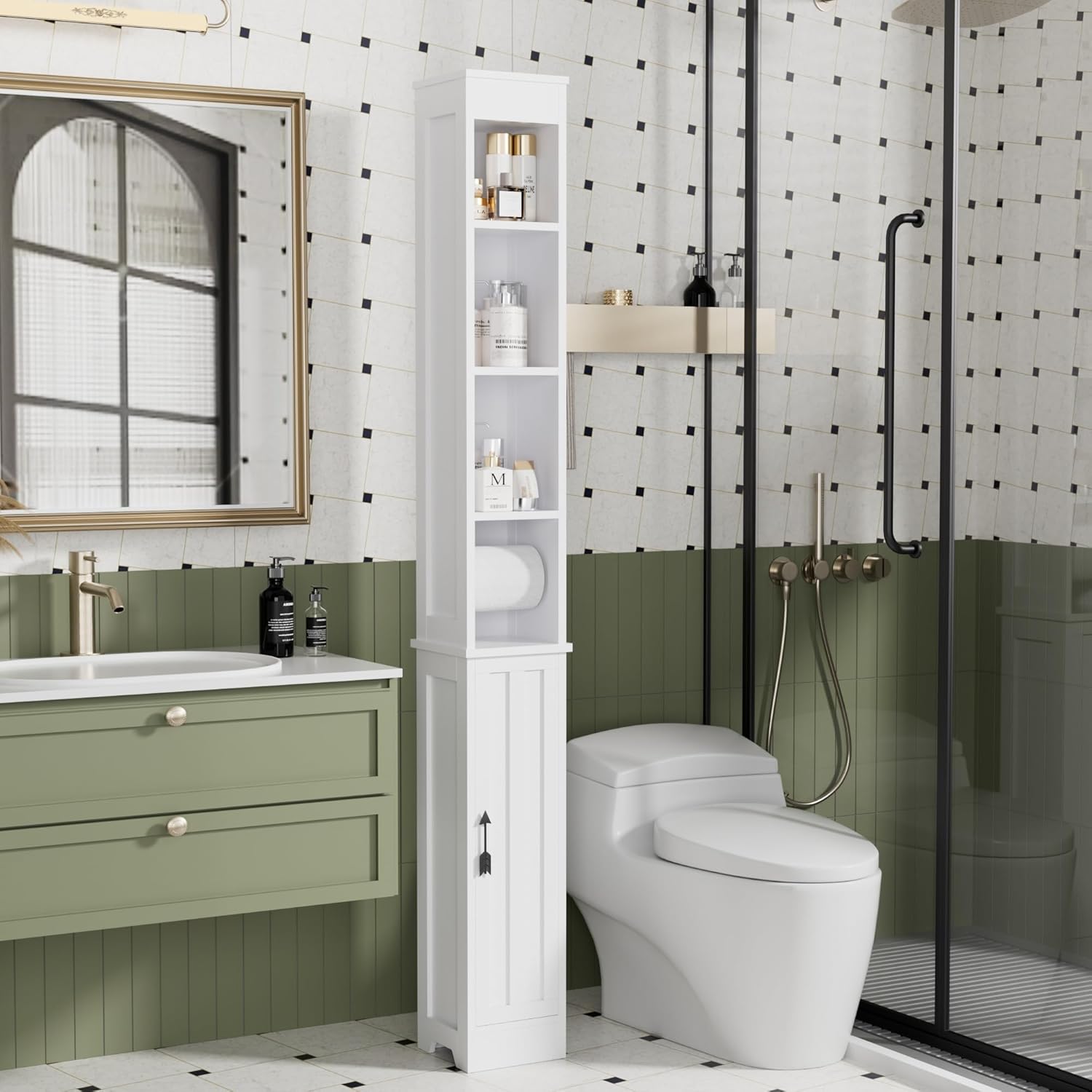 Bathroom Tall Cabinet with Adjustable Shelves, Slim Storage Cabinet with Toilet Paper Scroll