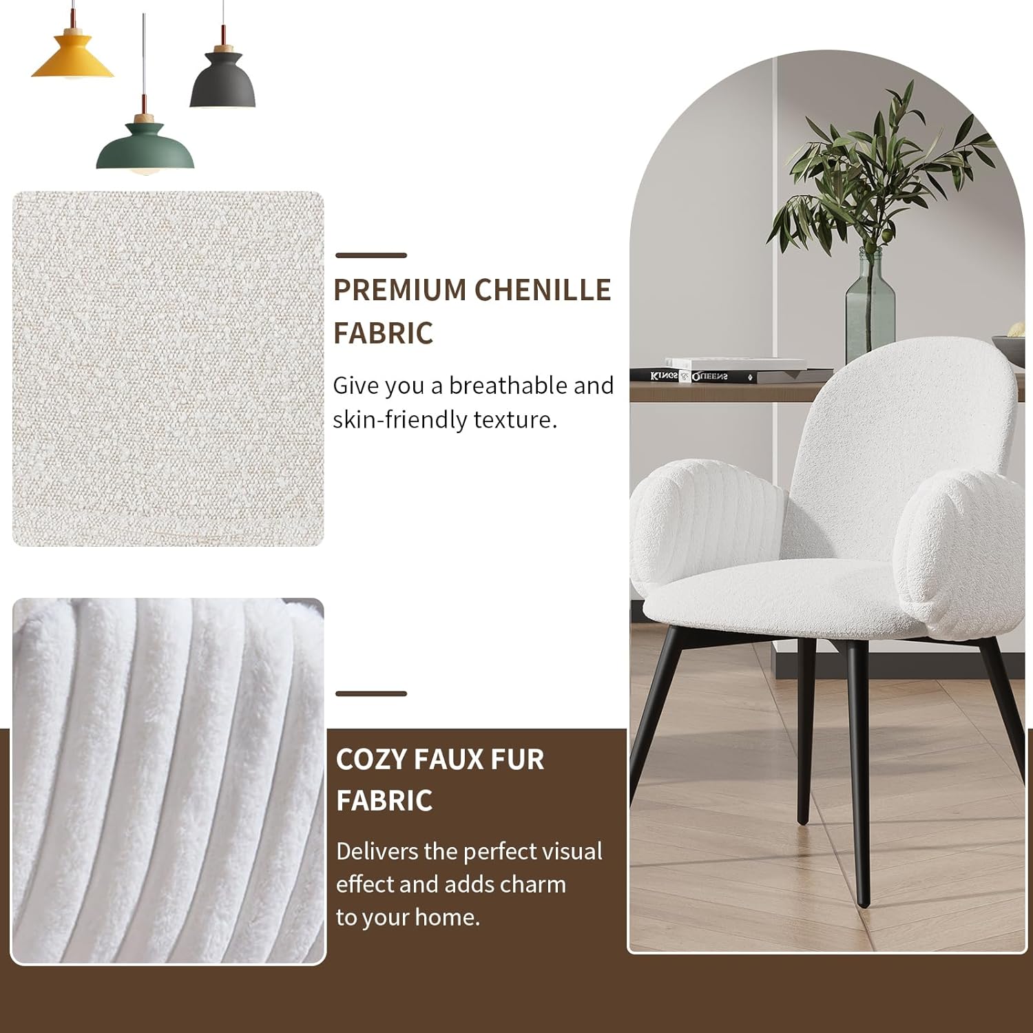 Modern Dining Chairs Set of 2, Chenille and Faux Fur Upholstered Accent Chairs with Tufted Armrest, Side Chair with Metal Legs, Armchairs for Dining Room, Makeup Room (Set of 2)