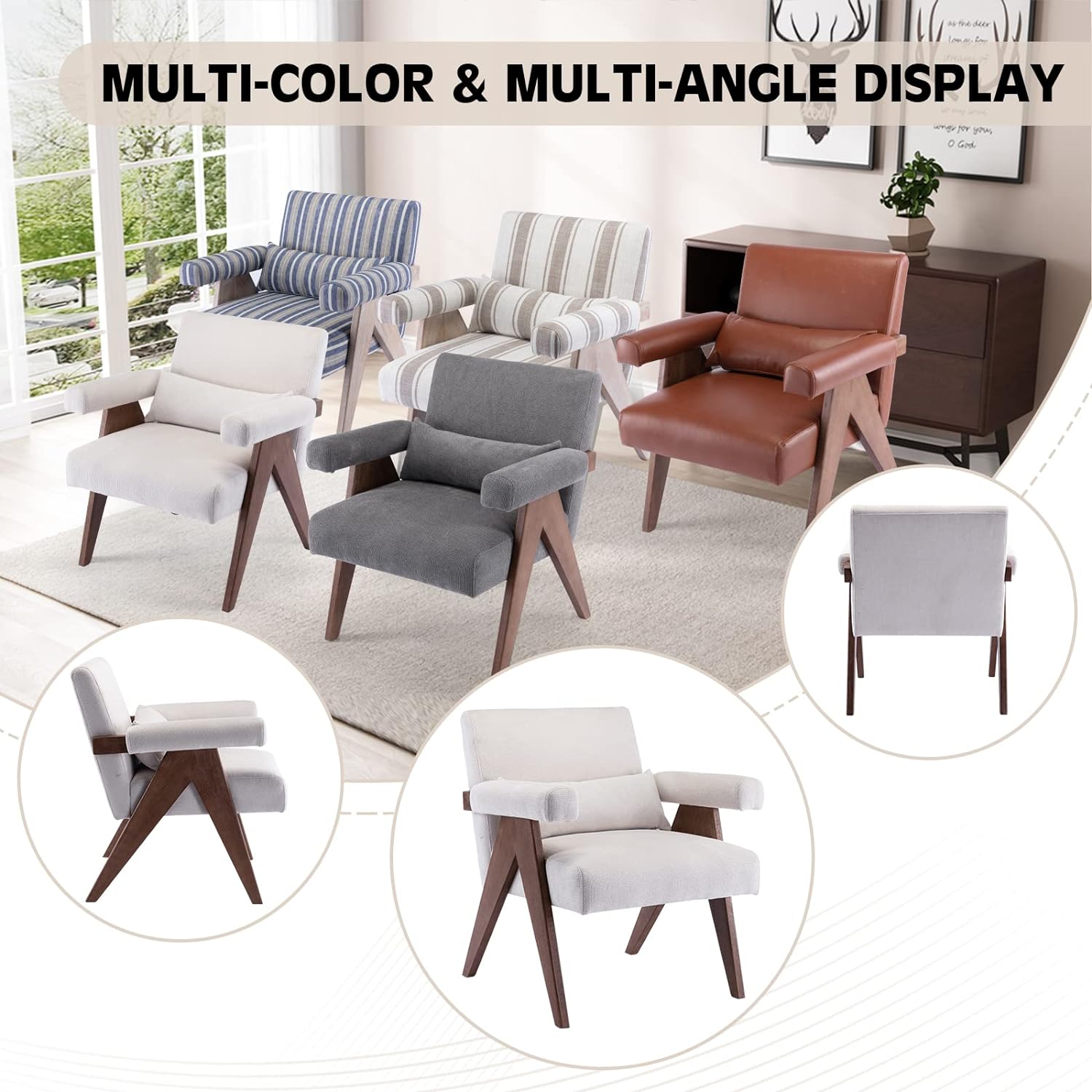 Mid-Century Modern Accent Chair, Solid Wood Arm Chair, Linen Fabric Padded Accent Chair, Reading Chair with Pillow, Upholstered Lounge Chair for Living Room, Bedroom (Cream)