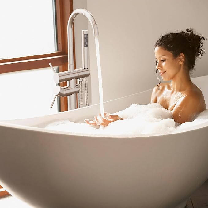 Floor Mount Bathtub Faucet Freestanding Tub Filler Standing High Flow Shower Faucets Shower Mixer Taps, Swivel Gooseneck Spout with Cylinder Handheld