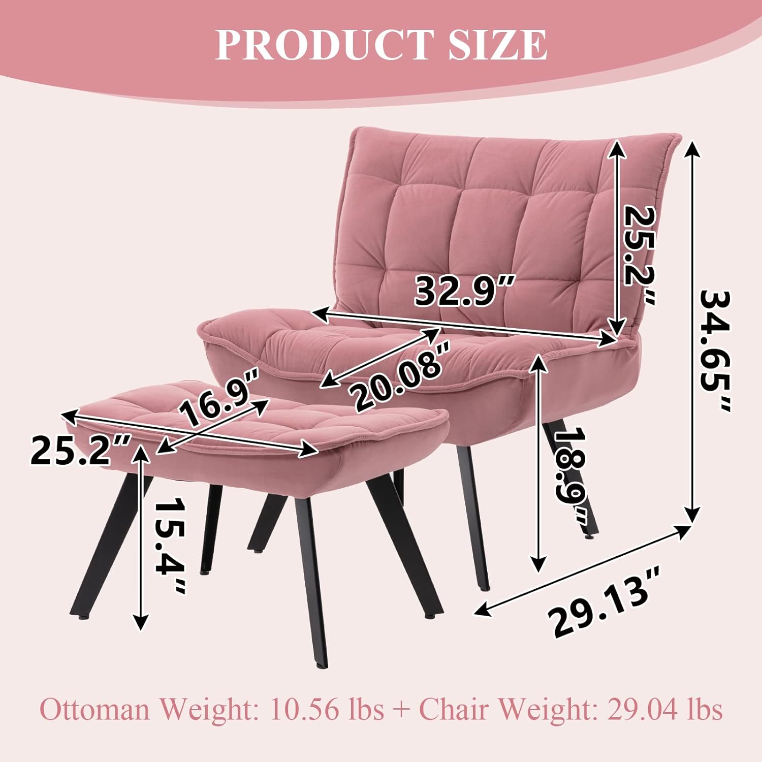 Accent Chair with Ottoman, Tufted Upholstered Lazy Chair, Club Chair, Leisure Single Sofa with Footrest, Reading Chair with Adjustable Leg, for Living Room, Bedroom, Office (Pink)