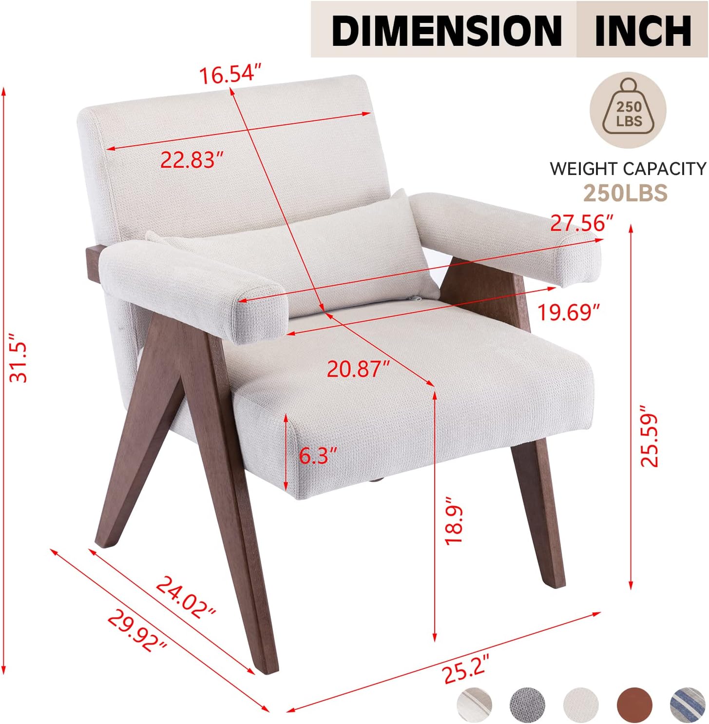 Mid-Century Modern Accent Chair, Solid Wood Arm Chair, Linen Fabric Padded Accent Chair, Reading Chair with Pillow, Upholstered Lounge Chair for Living Room, Bedroom (Cream)