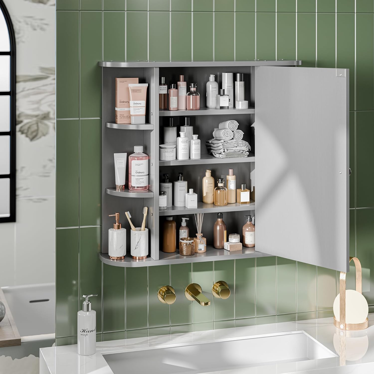 Bathroom Mirror Cabinet Wall Mounted, Bathroom Medicine Cabinet with Mirror and 6 Open Shelves