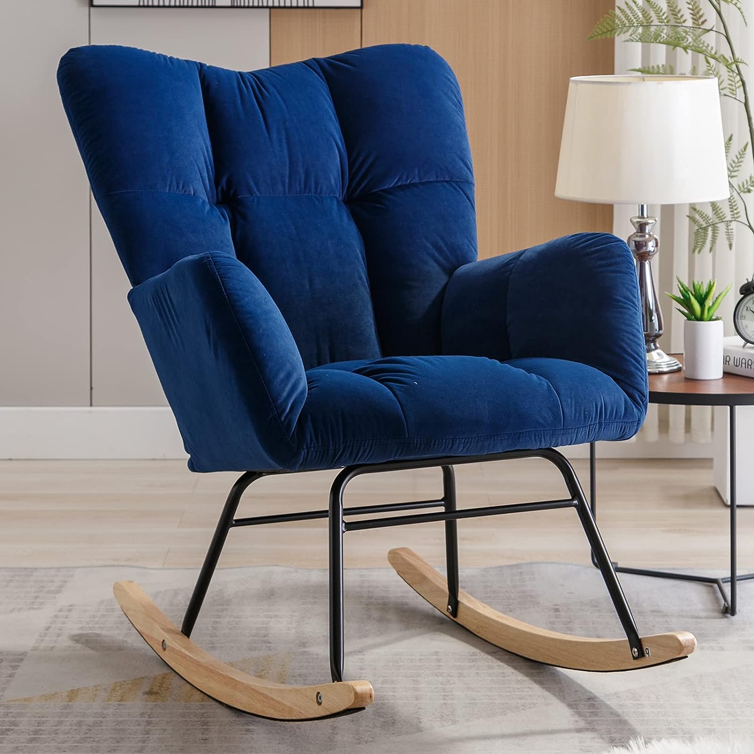 Nursery Rocking Chair Teddy Upholstered Glider Rocker Rocking Accent Chair Padded Seat with High Backrest Armchair Comfy Side Chair for Living Room Bedroom Offices (Blue Velvet)