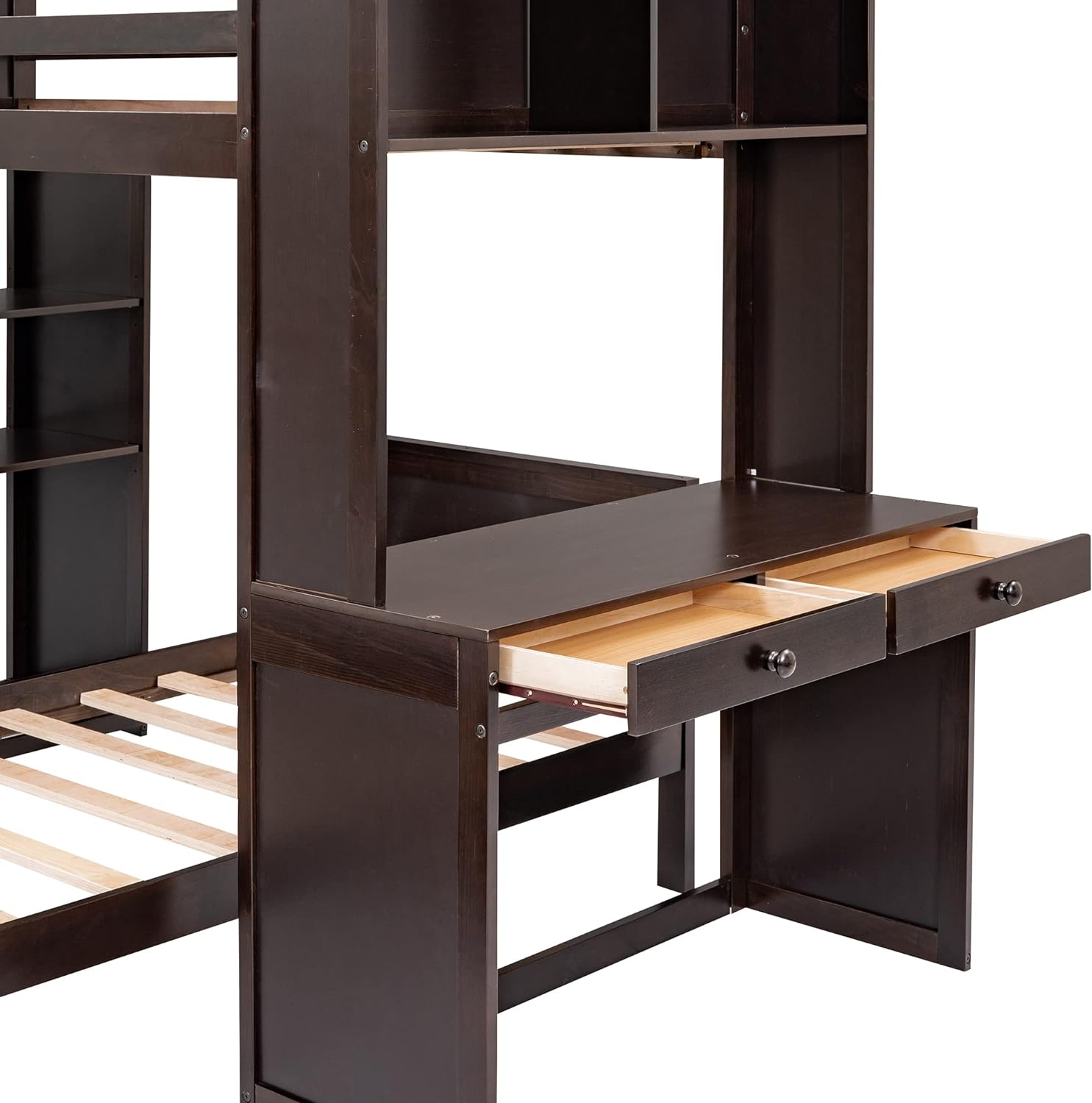 Loft Bed with Desk and Wardrobe Twin Over Twin Loft Bunk Beds Frame with Storage Drawers and Bookcase Wood All in One Beds for Kids Boys Girls Teens, Espresso