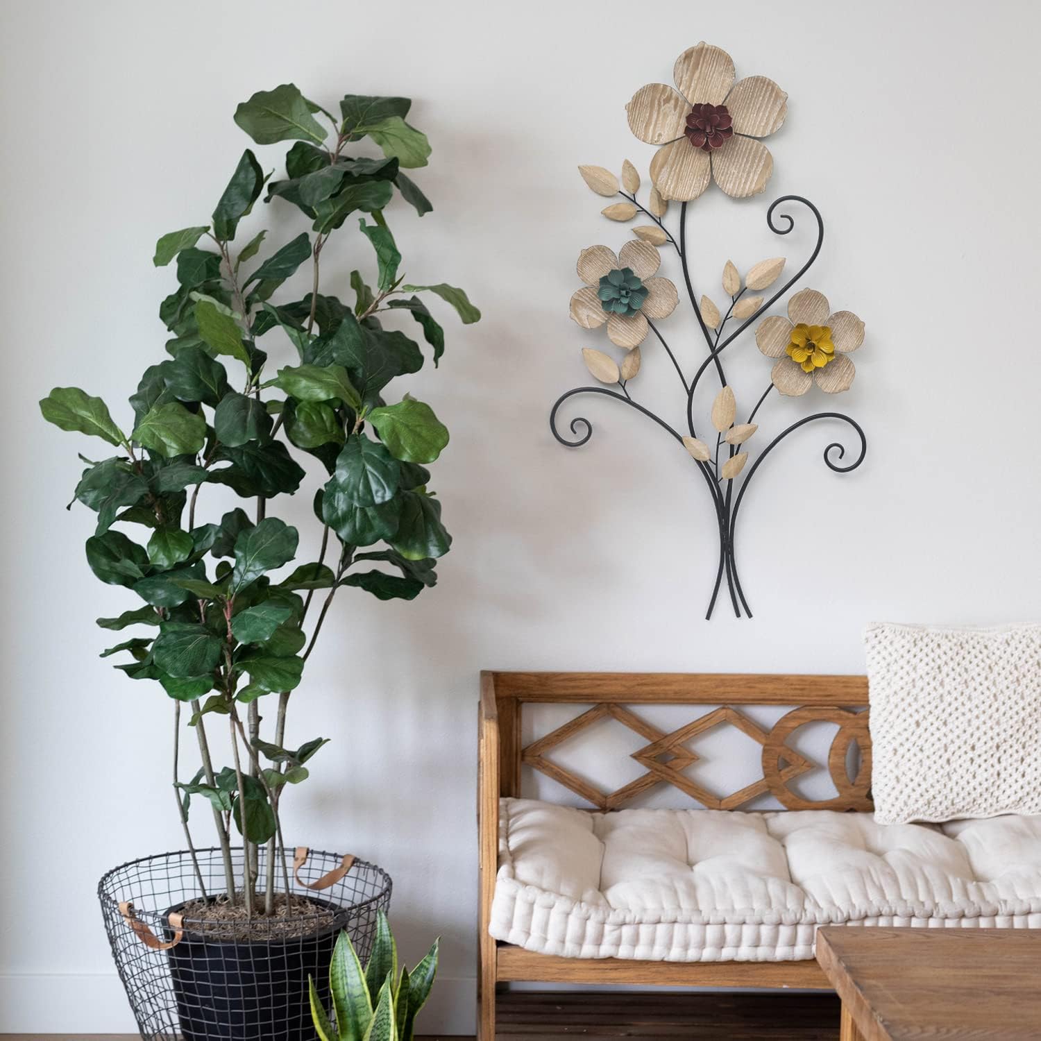 32.48” Metal Flower Wall Art Decor,Boho 3D Metal Floral Wall Sculpture with Vibrant Stamens and Natural Wood Texture Petals