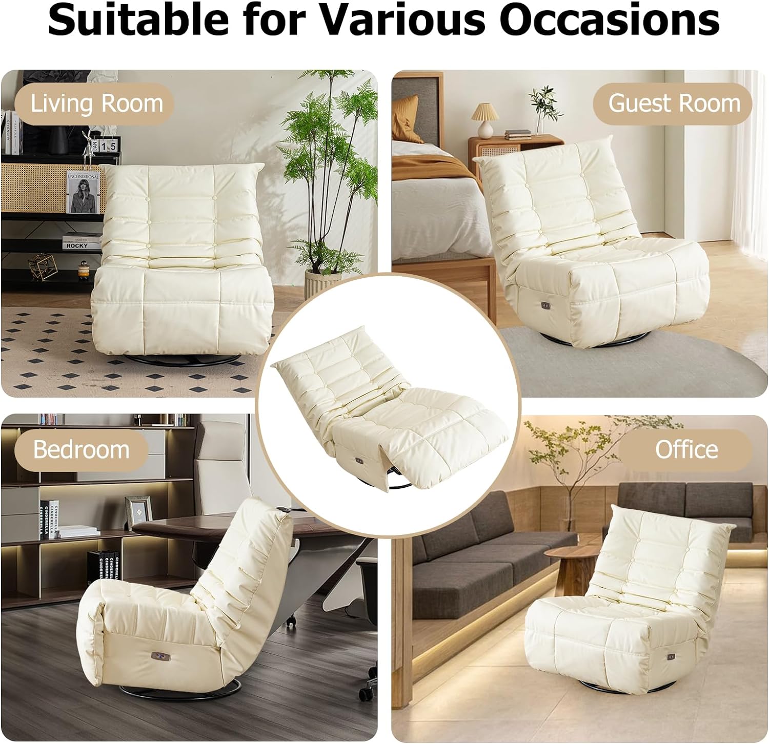 Swivel Glider Rocking Chair, Power Recliner Chair with Side Pocket, Home Theater Lounge Chair, Leisure Single Swivel Rocking Sofa Chair with USB Charger for Living Room (White)