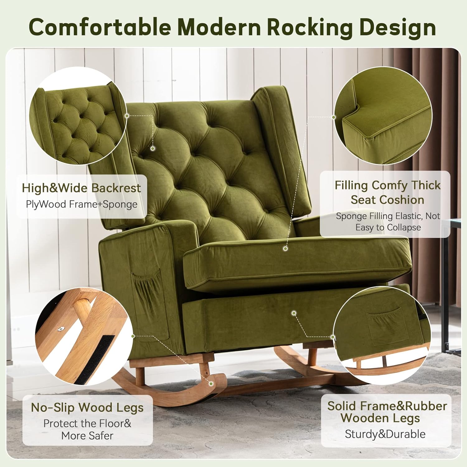 Nursery Rocking Chair Upholstered Rocking Accent Chair Glider Rocker Linen Padded Seat with High Backrest Armchair Comfy Side Chair for Living Room Bedroom Offices (Olive)