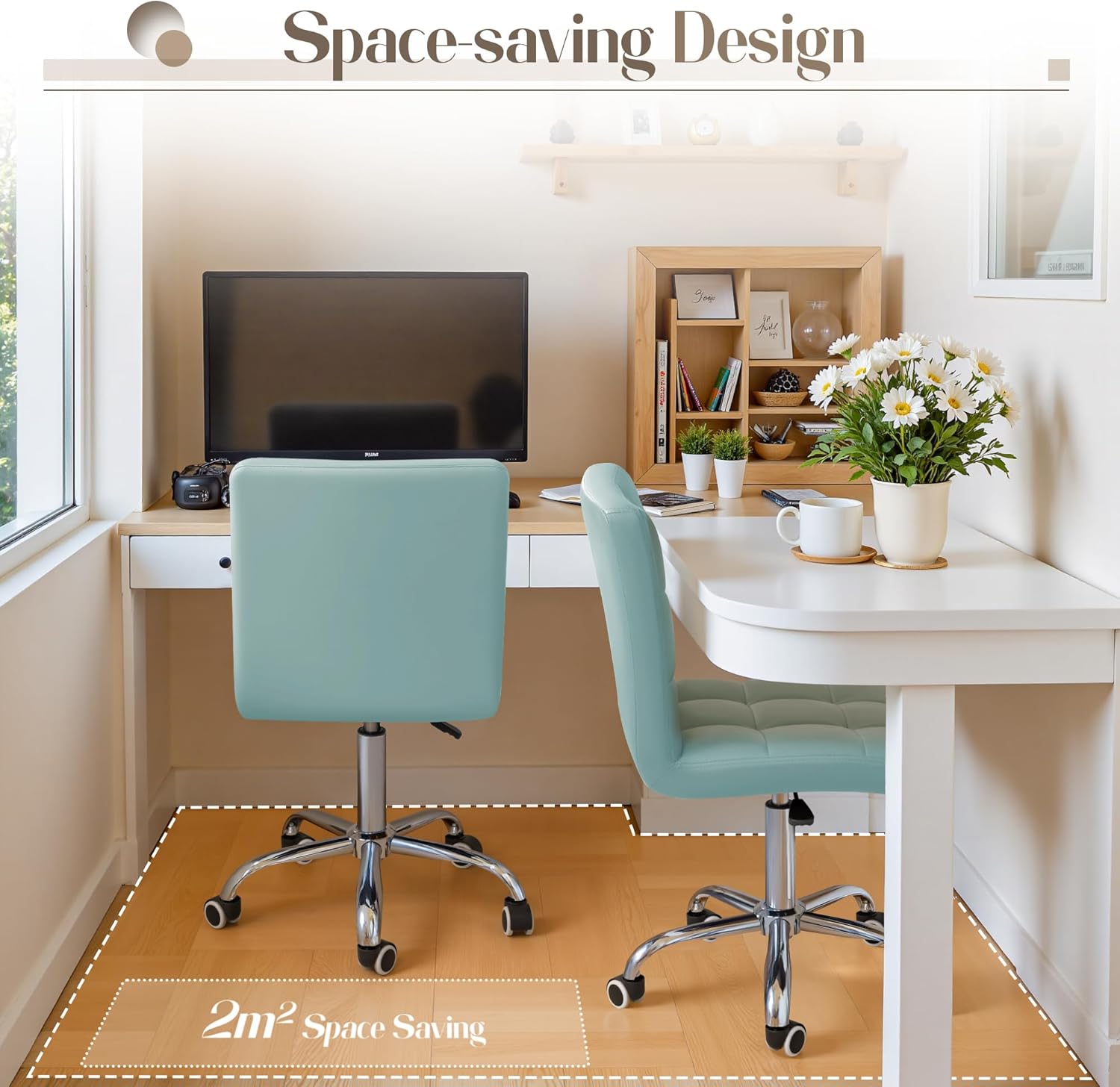 Mid-Back Office Task Chair Ribbed PU Leather Executive Chair Modern Adjustable Home Desk Retro Comfortable Work Chair 360 Degree Swivel with Arms