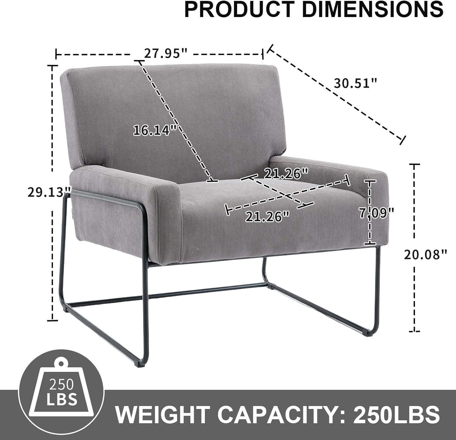 Velvet Accent Chair Upholstered, Modern Industrial Slant Armchair with Metal Frame, Premium High Density Soft Cushion Comfort Single Chair for Living Room, Office, Study (Grey)