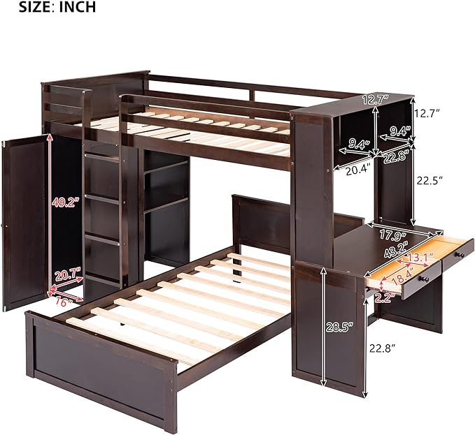 Loft Bed with Desk and Wardrobe Twin Over Twin Loft Bunk Beds Frame with Storage Drawers and Bookcase Wood All in One Beds for Kids Boys Girls Teens, Espresso