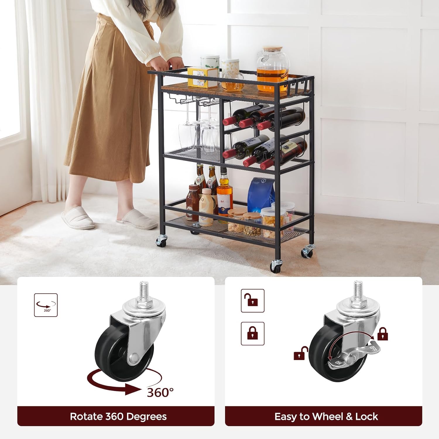 3-Tier Serving Cart with Wheels and Handle, Beverage Cart with Wine Rack and Glass Holders