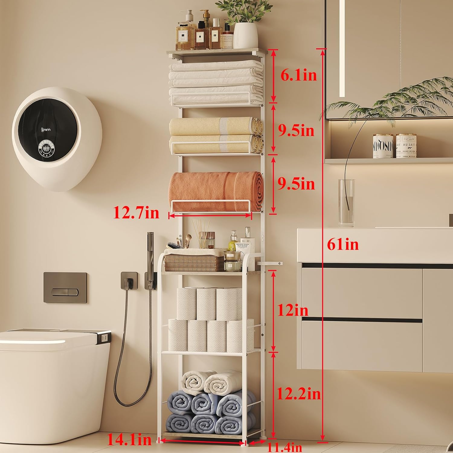 8-Tier Free Standing Towel Rack for Bathroom, Adjustable Height Towel Holder for Different Towel Sizes
