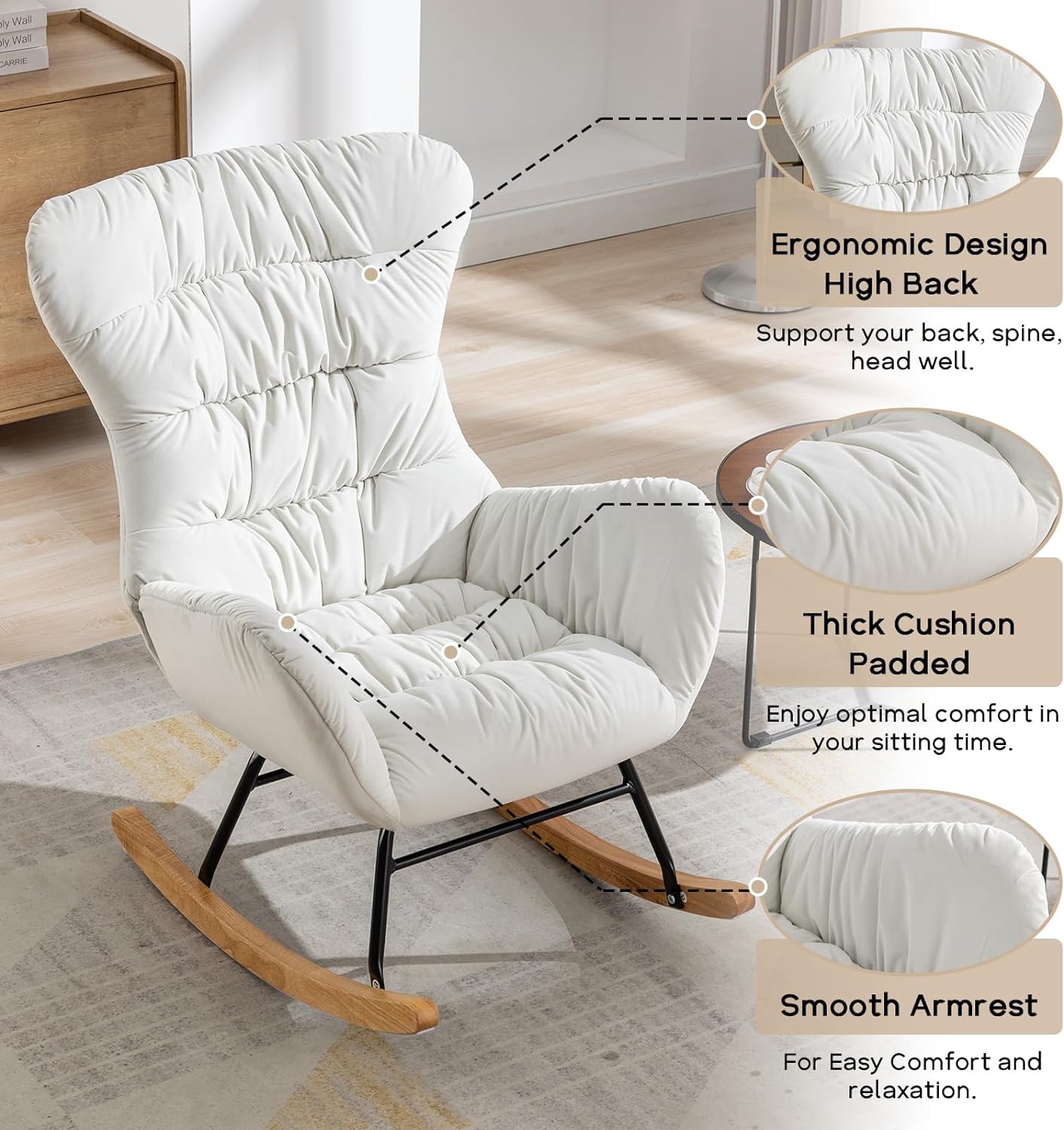 Nursery Rocking Chair, Velvet Upholstered Glider Rocker, Rocking Accent Chair with High Backrest, Comfy Rocking Accent Armchair for Living Room, Bedroom, Offices (Ivory Velvet)