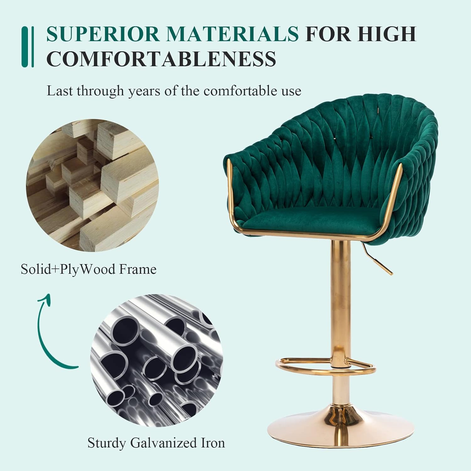 Velvet 360° Swivel Bar Stools with Hand Woven Backrest Design Upholstered Adjustable Counter Bar Stool with Golden Bracket Back and Footrest Bar Chair for Kitchen, Pub (1, Green)