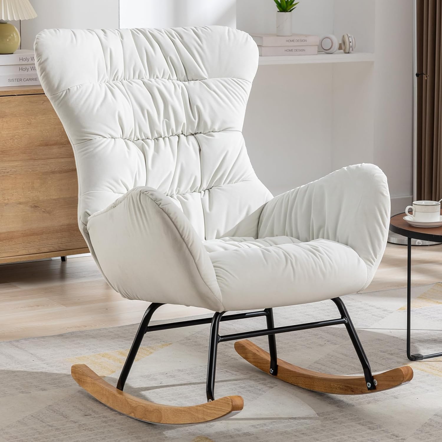 Nursery Rocking Chair, Velvet Upholstered Glider Rocker, Rocking Accent Chair with High Backrest, Comfy Rocking Accent Armchair for Living Room, Bedroom, Offices (Ivory Velvet)
