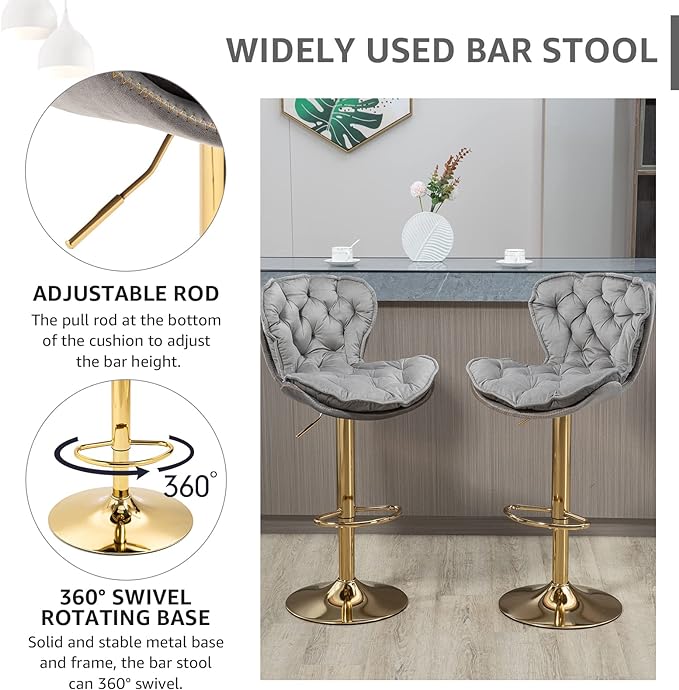ERGONOMIC-DESIGNED BACKREST - This bar stool is made of gold metal and velvet fabric, stylish style to create a very eye-catching design. Its ergonomic-designed backrest and footrest can provide more support for your body while sitting. The cushioned bar