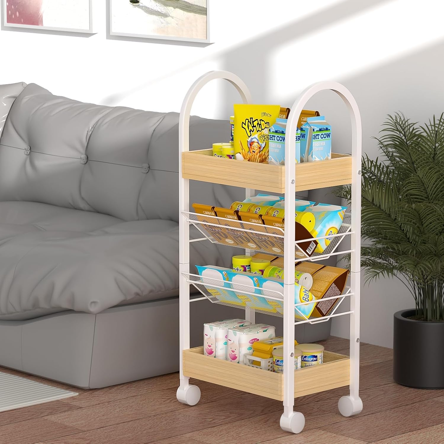 Small Bathroom Storage Cart Organizer - 4-Tier Narrow Rolling Cart Organizer with Wheels,2 Metal Basket,2 Wooden Tray