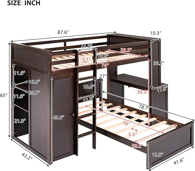 Loft Bed with Desk and Wardrobe Twin Over Twin Loft Bunk Beds Frame with Storage Drawers and Bookcase Wood All in One Beds for Kids Boys Girls Teens, Espresso