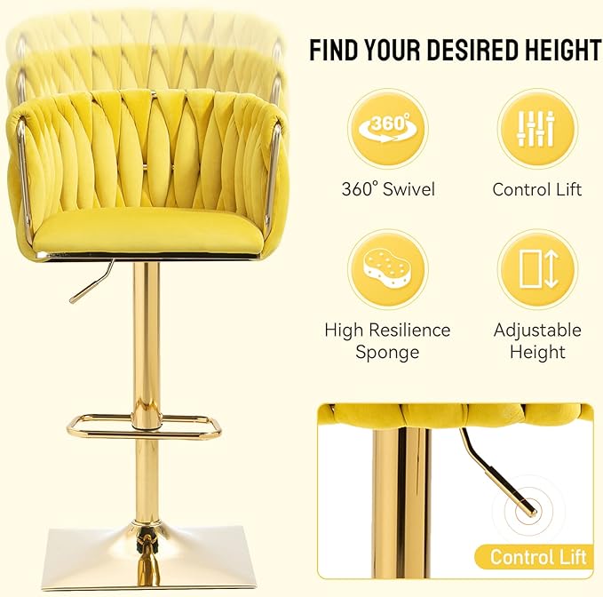 Bar Stools Set of 2 with 360° Swivel Hand Woven Backrest Design Upholstered Adjustable Counter Velvet Bar Stool with Golden Bracket Back and Footrest Bar Chair for Kitchen, Pub (Mustard)