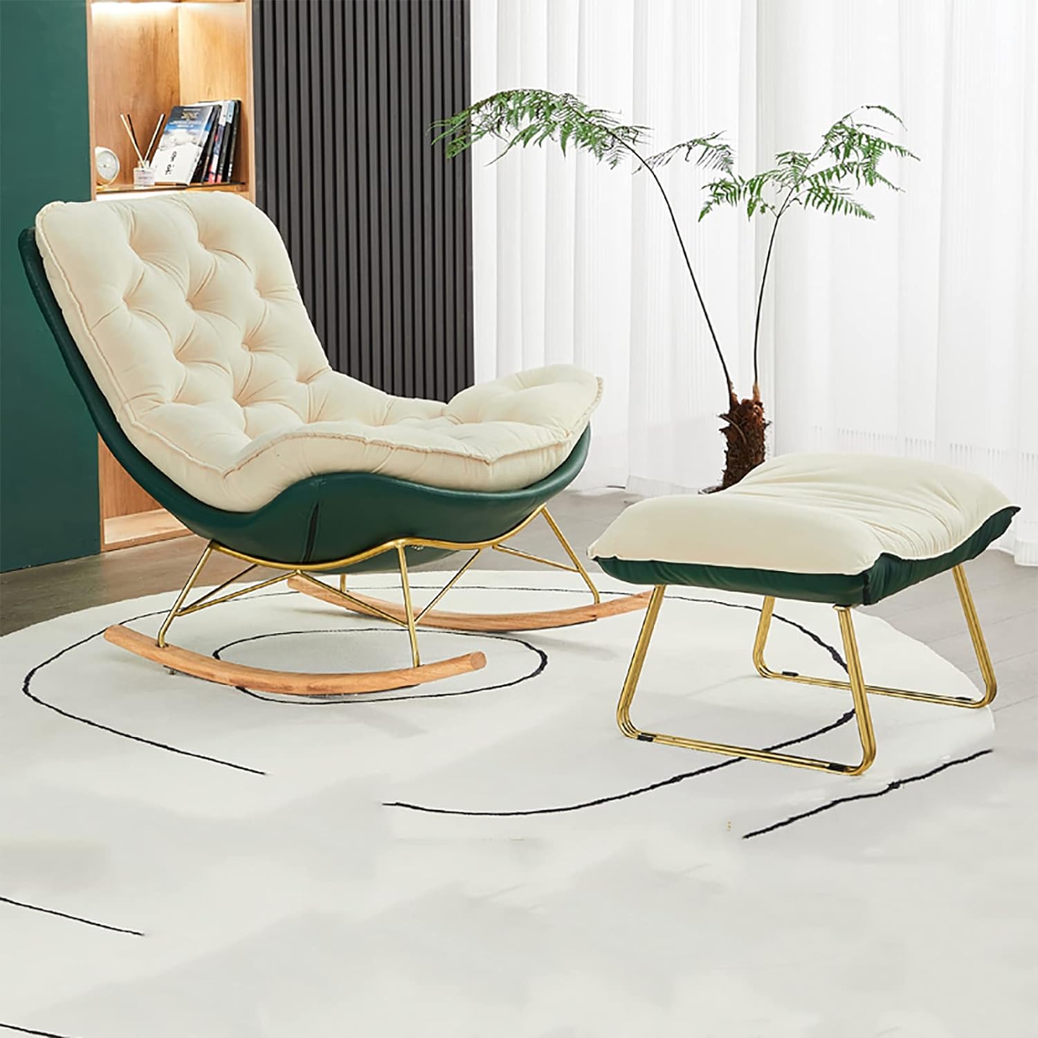 Accent Chair with Padded Seat, Rocking Chair with Solid Wood Base, for Playroom, Bedroom and Small Space, Off-White + Green