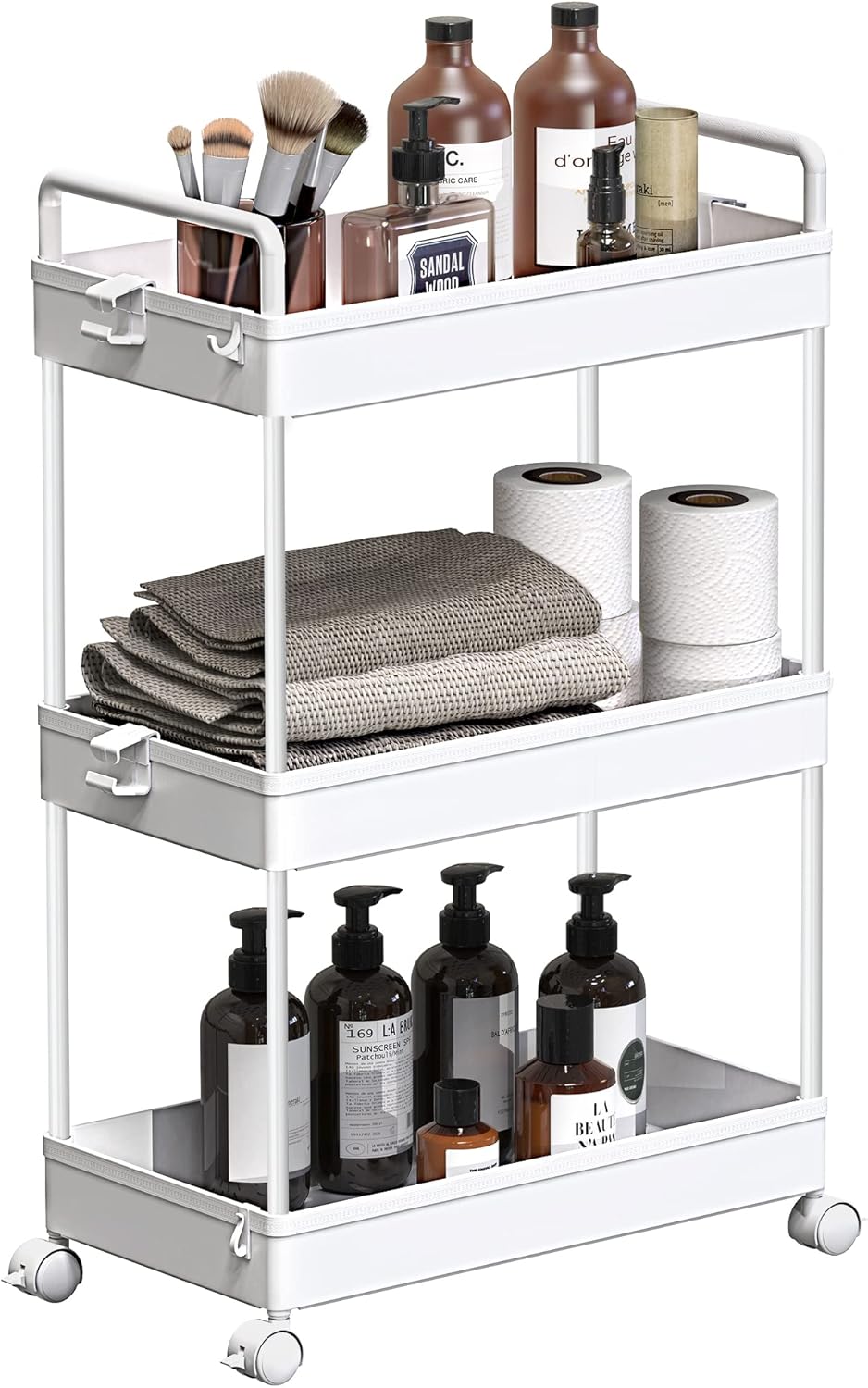 Rolling Storage Cart, 3 Tier Utility Cart Mobile Slide Out Organizer, Bathroom Standing Rack Shelving Unit