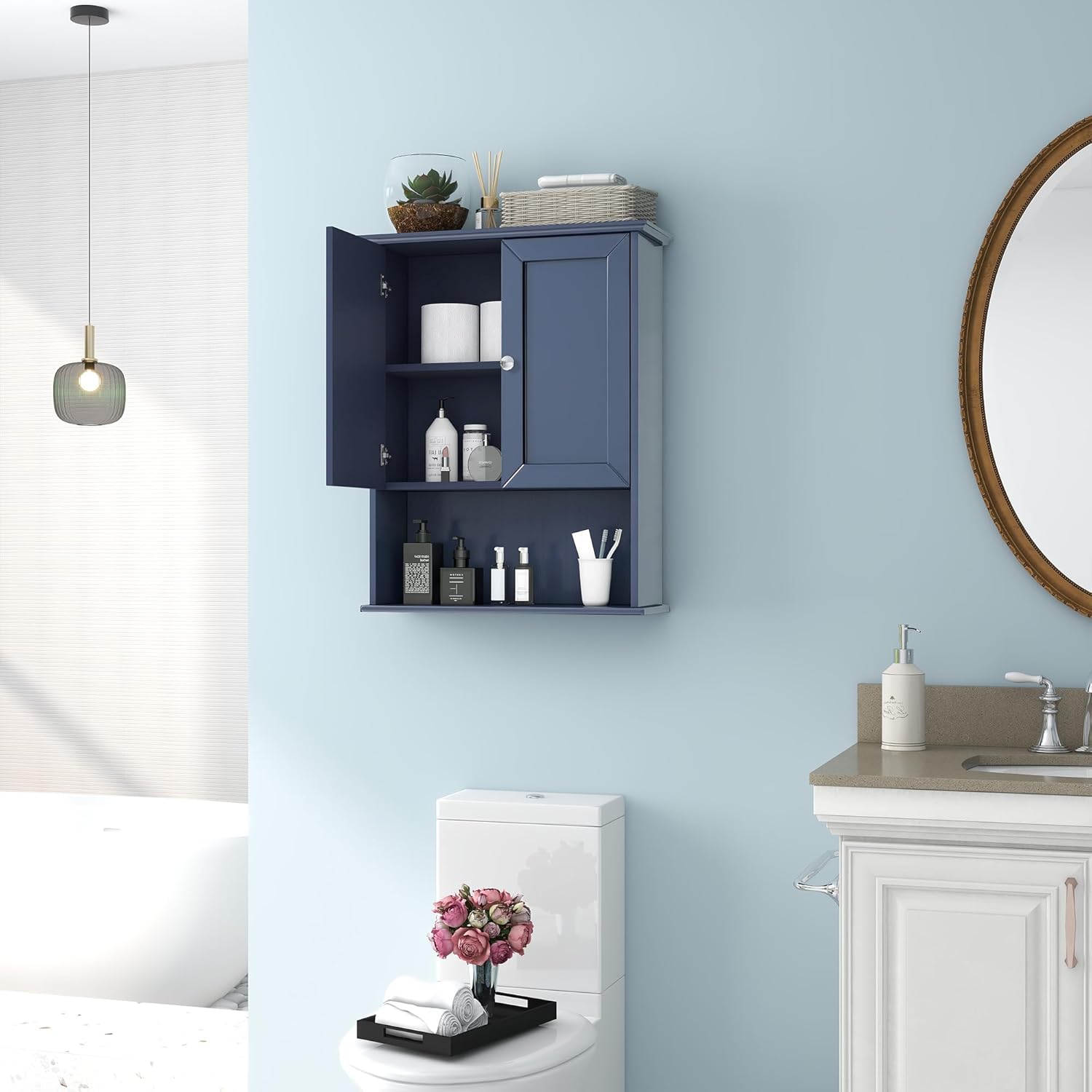 Bathroom Wall Cabinet Navy Blue Over Toilet Storage Cabinets 24x30 in Above Toilet Wood Medicine Cabinets