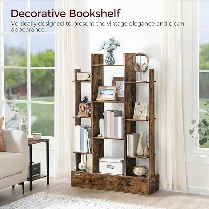 Bookcases and Bookshelves, 4-Tier Bookcase with 12 Shelves and 2 Drawers