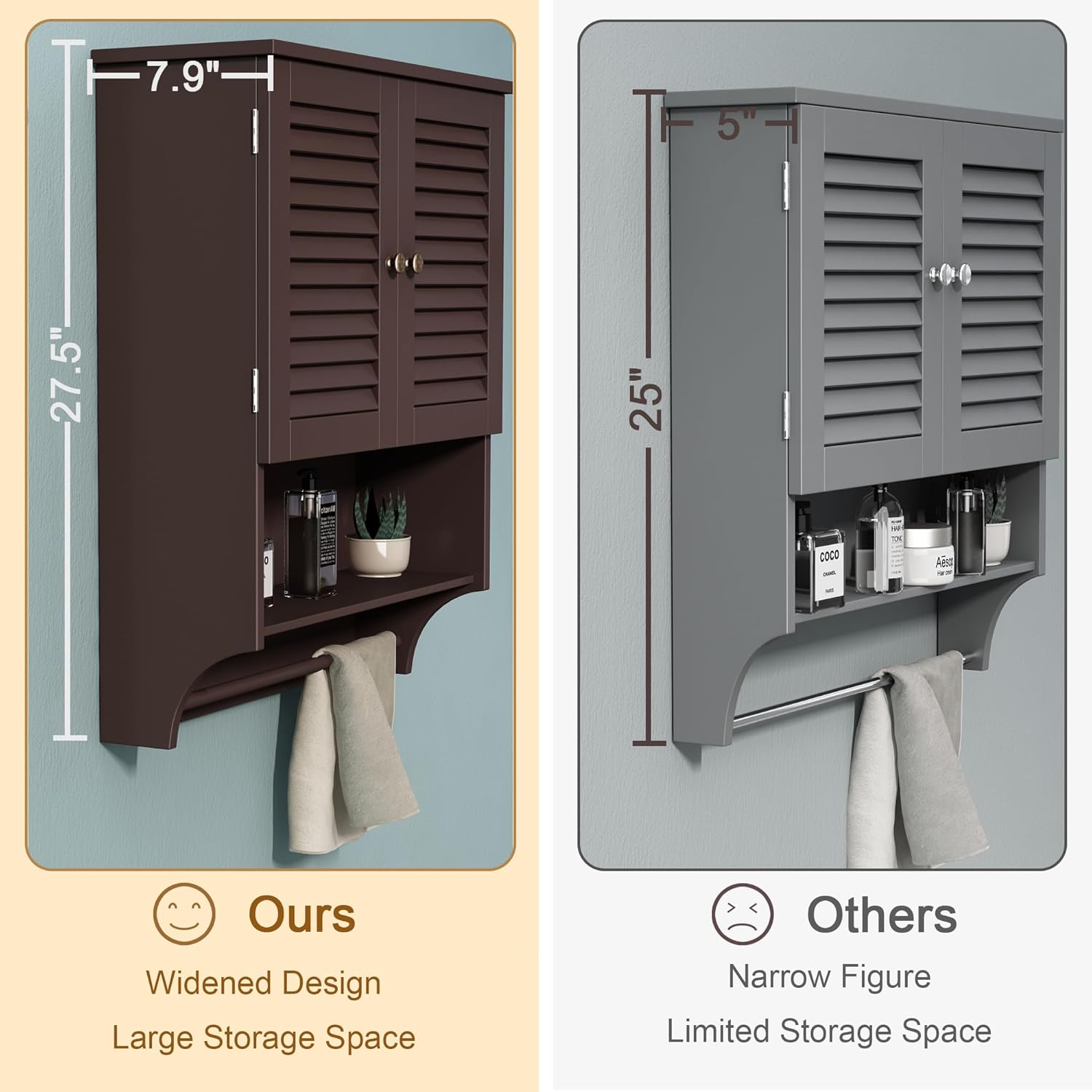 Bathroom Wall Cabinet with Towels Bar, 23.6" L x7.9 W x27.5 H MDF Material Medicine Cabinet