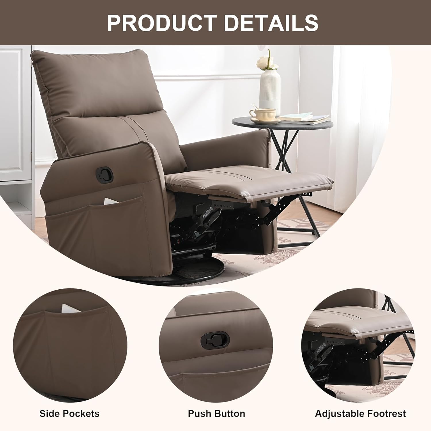 Rocker Recliner Chair, 240 Degree Swivel Nursery Rocking Chair, Glider Chair with Side Pockets and Footrest, Modern Single Sofa Chair for Bedroom, Living Room (Brown)
