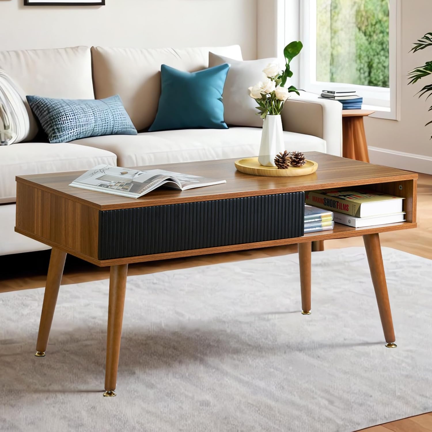 Coffee Table Mid Century Modern Coffee Tables with Drawer and Open Storage