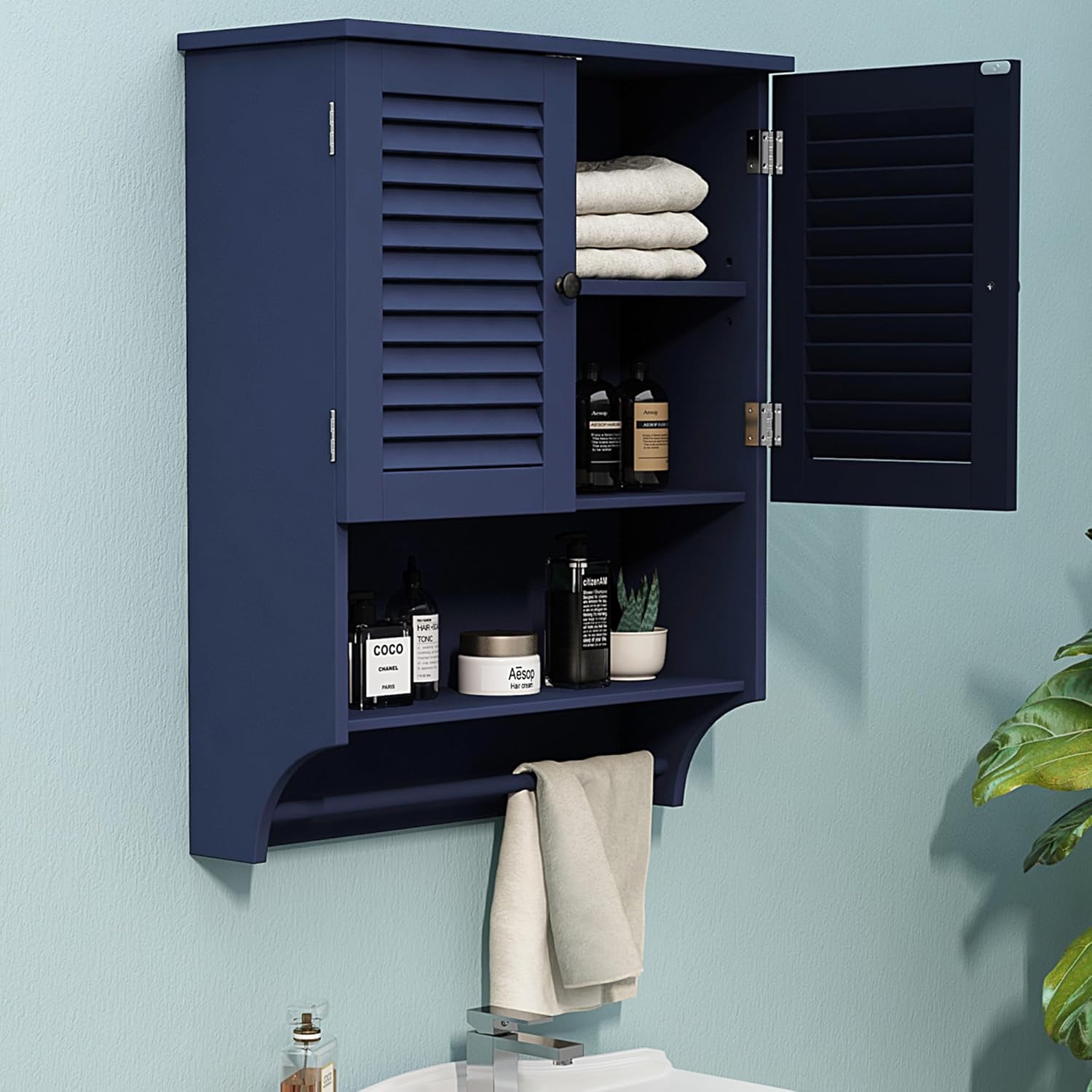 Bathroom Wall Cabinet with Towels Bar, 23.6" L x8.9 W x29.3 H MDF Material Medicine Cabinet