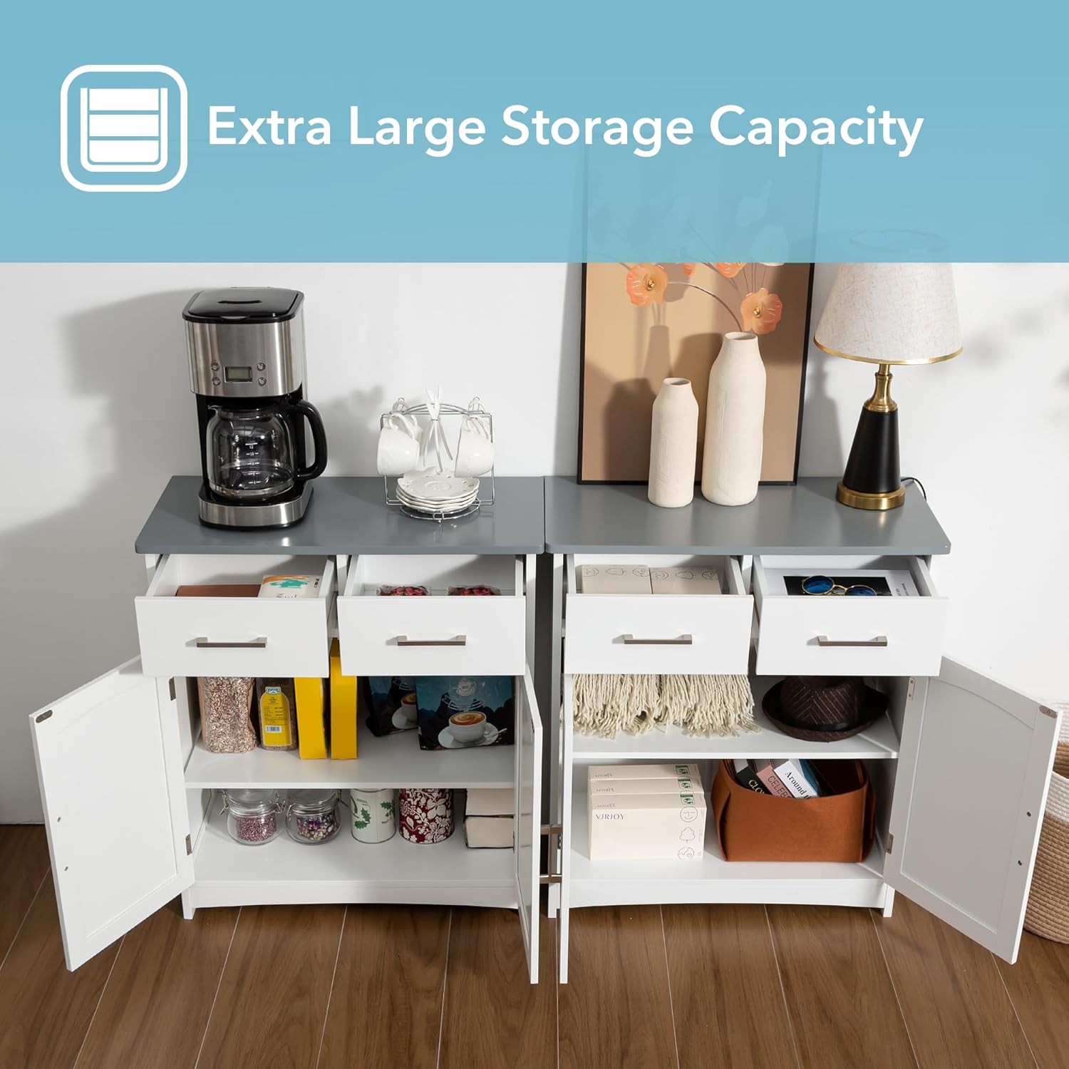 Buffet Cabinet with Storage, Coffee Bar Cabinet 26 x 30 Inches, Grey Top Sideboard Cabinet