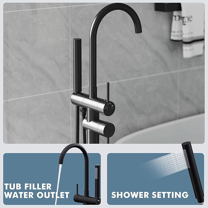 Floor Mount Bathtub Faucet Freestanding Tub Filler Standing High Flow Shower Faucets Shower Mixer Taps, Swivel Gooseneck Spout with Cylinder Handheld Matte Black