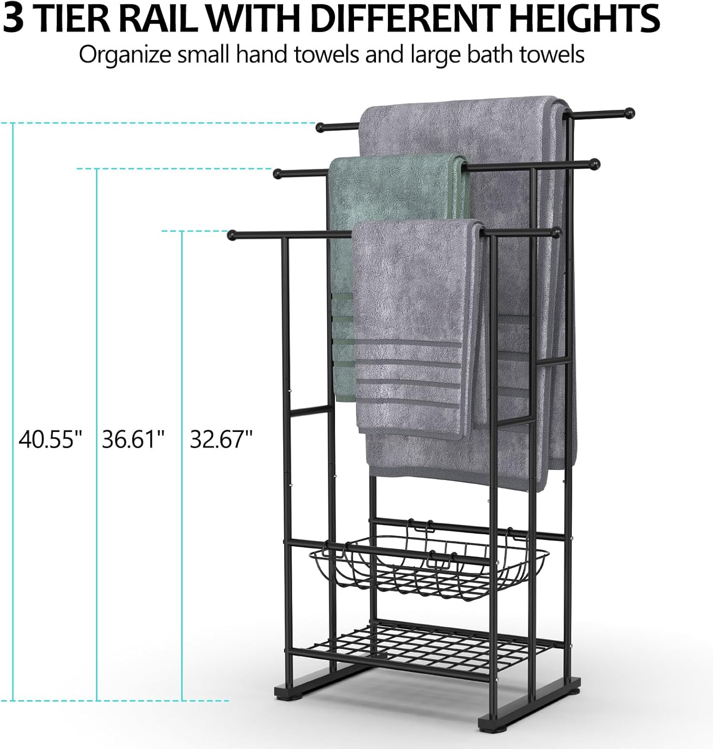 3 Tier Freestanding Towel Rack for Bathroom, 40" Tall Floor Standing Towel Racks with Storage Basket and Shelf