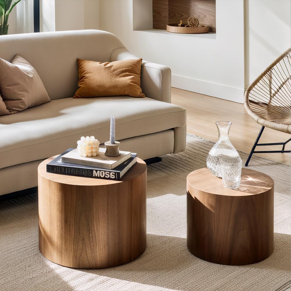 Nesting Coffee Table Set of 2, Modern Round Coffee Table with Non-Slip Feet, Walnut Wooden Circle Accent Tables