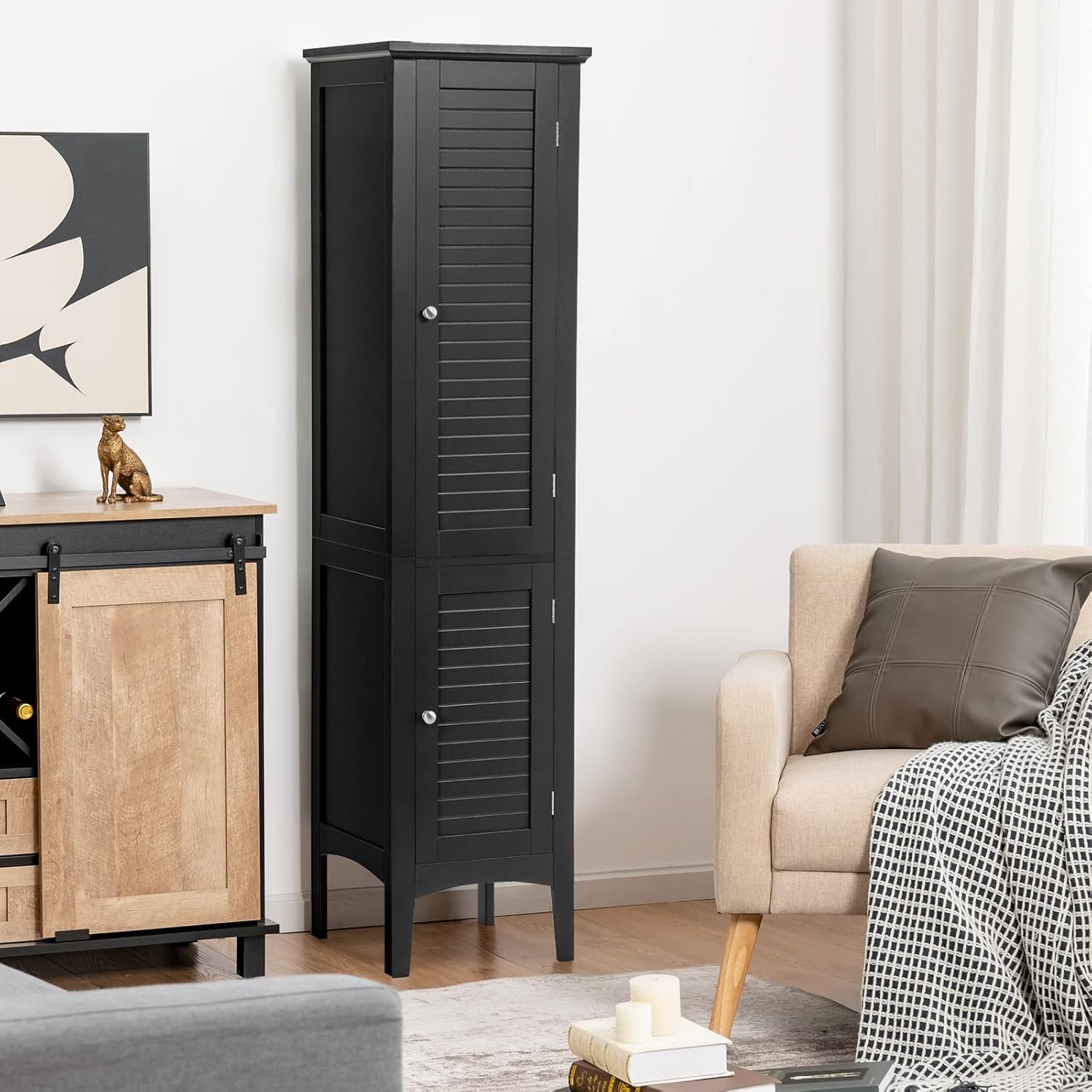 Tall Bathroom Storage Cabinet, 5-Tier Freestanding Linen Tower Cabinet with 2 Doors, Wooden Side Storage Organizer