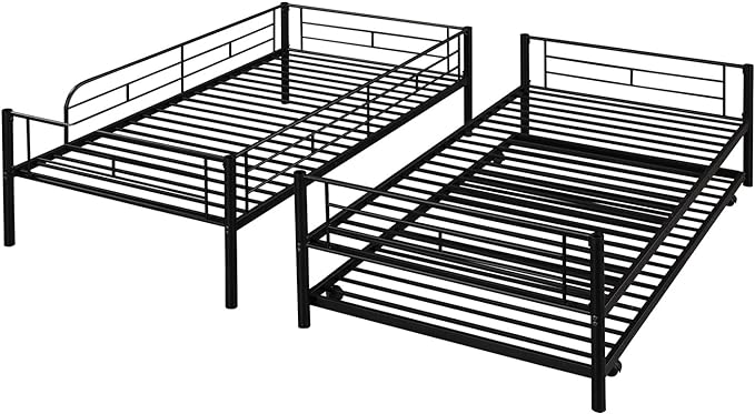 Metal Bunk Bed with Trundle Twin Over Twin Bunk Bed Frame with Ladder and Safety Rails for Kids Triple Metal Bunk Can be Divided into Two beds, Black