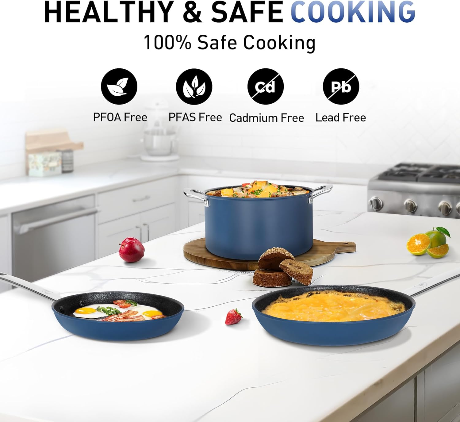 Nonstick Pots and Pans Set 6 Piece, 8" and 10" Skillet pan, 2Qt and 7Qt Casserole with Silicone Glass Lid, Non Toxic Deep Fry Pan, Induction Cookware Set with Plasma Titanium Coating