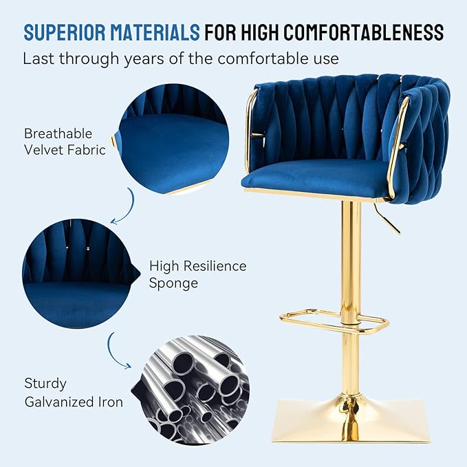 Bar Stools Set of 2 with 360° Swivel Hand Woven Backrest Design Upholstered Adjustable Counter Velvet Bar Stool with Golden Bracket Back and Footrest Bar Chair for Kitchen, Pub (Navy)