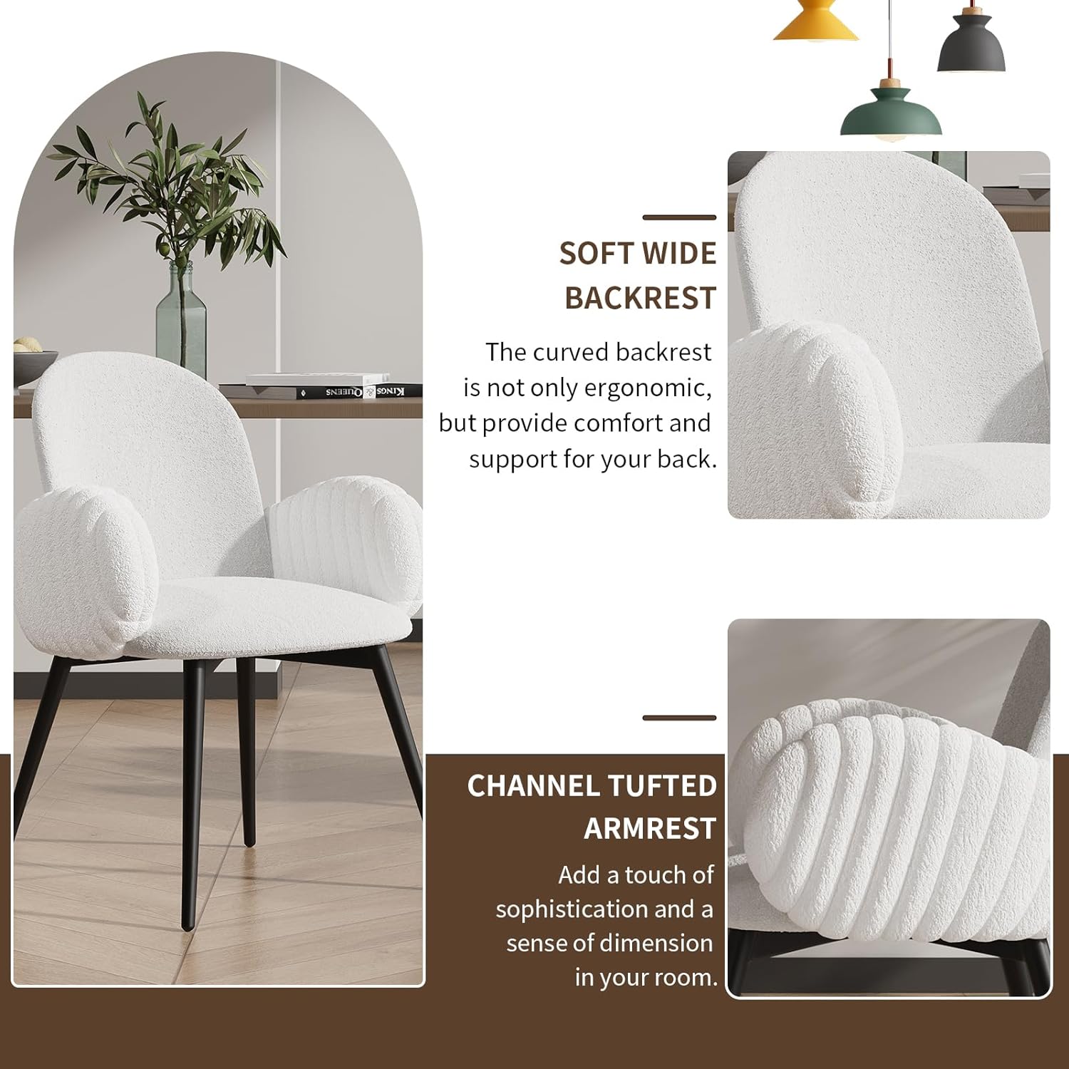 Modern Dining Chairs Set of 2, Chenille and Faux Fur Upholstered Accent Chairs with Tufted Armrest, Side Chair with Metal Legs, Armchairs for Dining Room, Makeup Room (Set of 2)