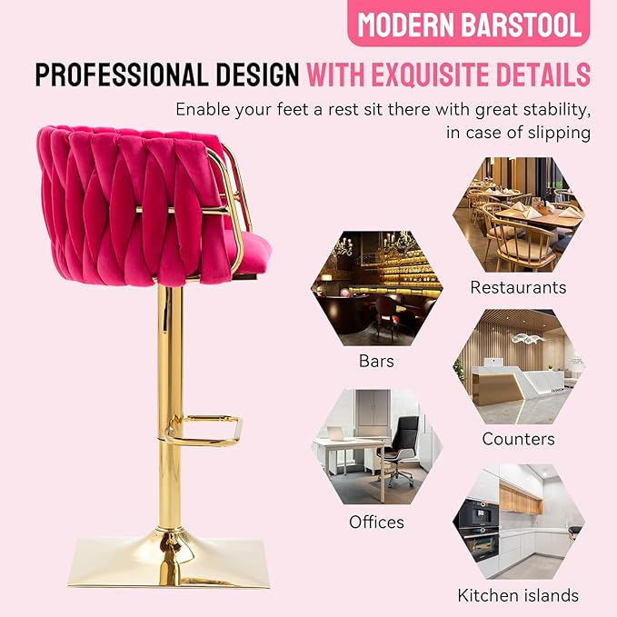 Bar Stools Set of 2 with 360° Swivel Hand Woven Backrest Design Upholstered Adjustable Counter Velvet Bar Stool with Golden Bracket Back and Footrest Bar Chair for Kitchen, Pub (Rose Red)