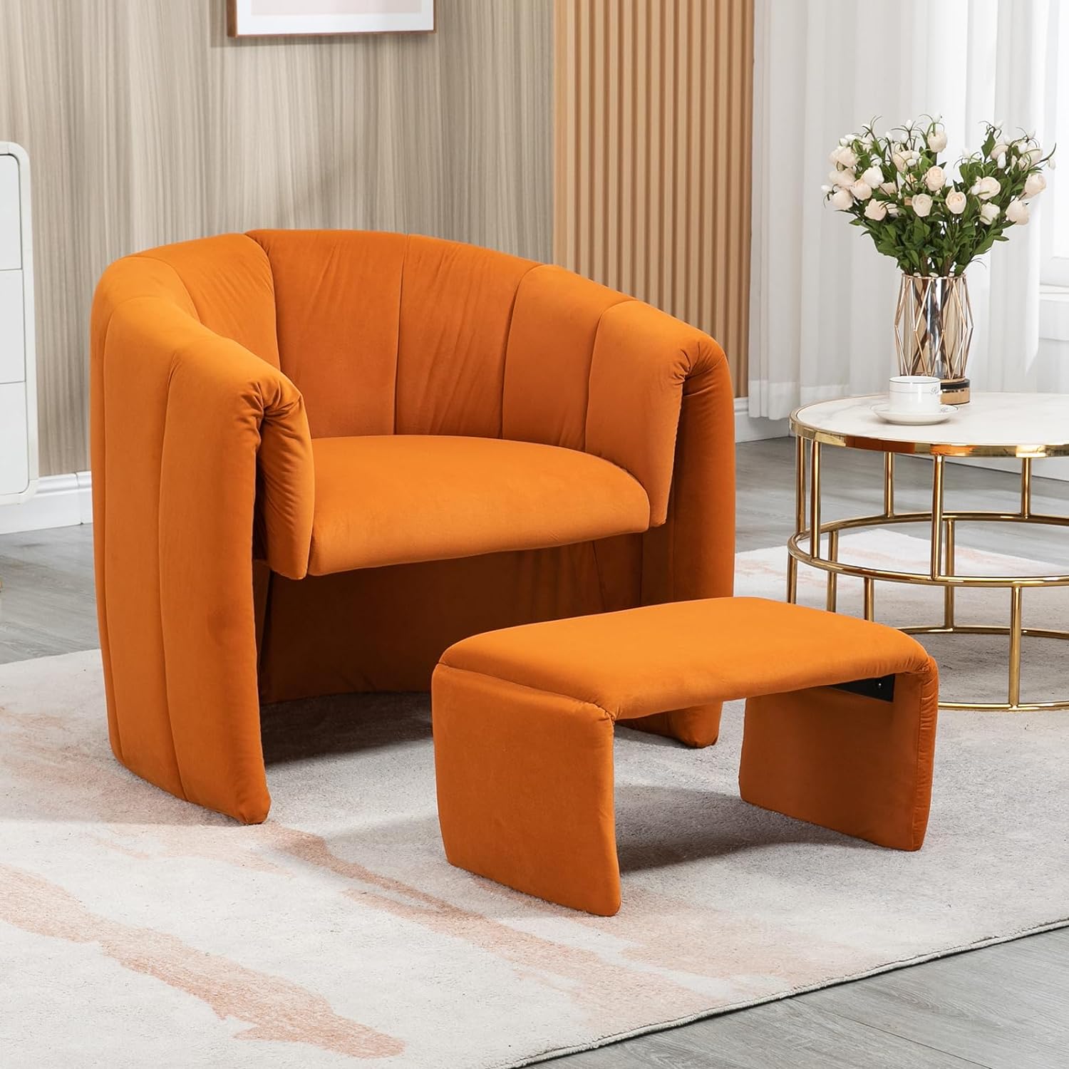 Modern Accent Chair with Ottoman, Velvet Upholstered Tufted Leisure Armchair, Single Sofa Reading Chair for Living Room, Bedroom, Office, Lounge (Orange)