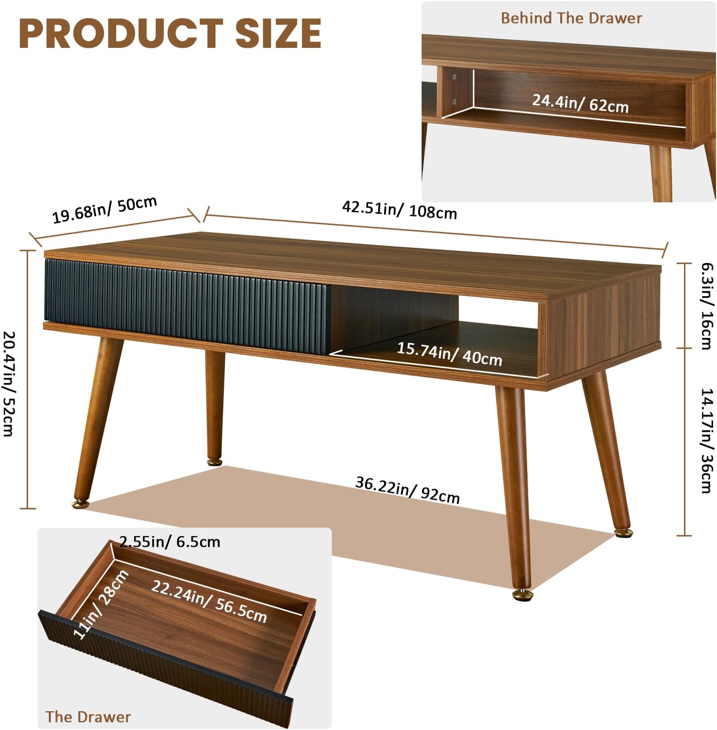 Coffee Table Mid Century Modern Coffee Tables with Drawer and Open Storage