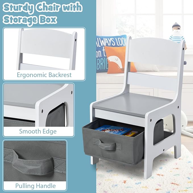 Kids Table and Chair Set, 3 in 1 Wood Children Desk Set