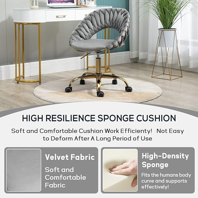 Swivel Velvet Home Office Chair, Upholstered Desk Chair, Modern Accent Armchair, Tufted Computer Task Stools with Gold Base for Girls, Women, Study, Living Room (Grey)