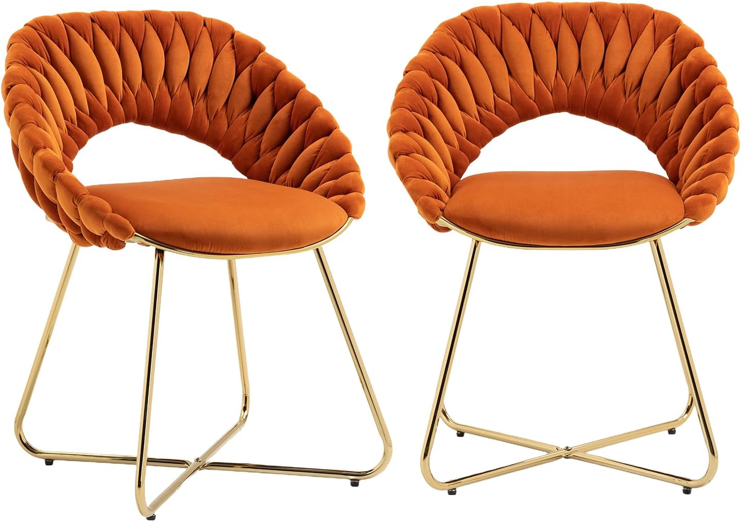 Dining Chairs Set of 2, Hand Weaving Makeup Chairs, Velvet Upholstered Living Room Chairs with Gold Legs, Accent Side Chairs for Dining Room, Kitchen, Bedroom, Vanity (Orange)